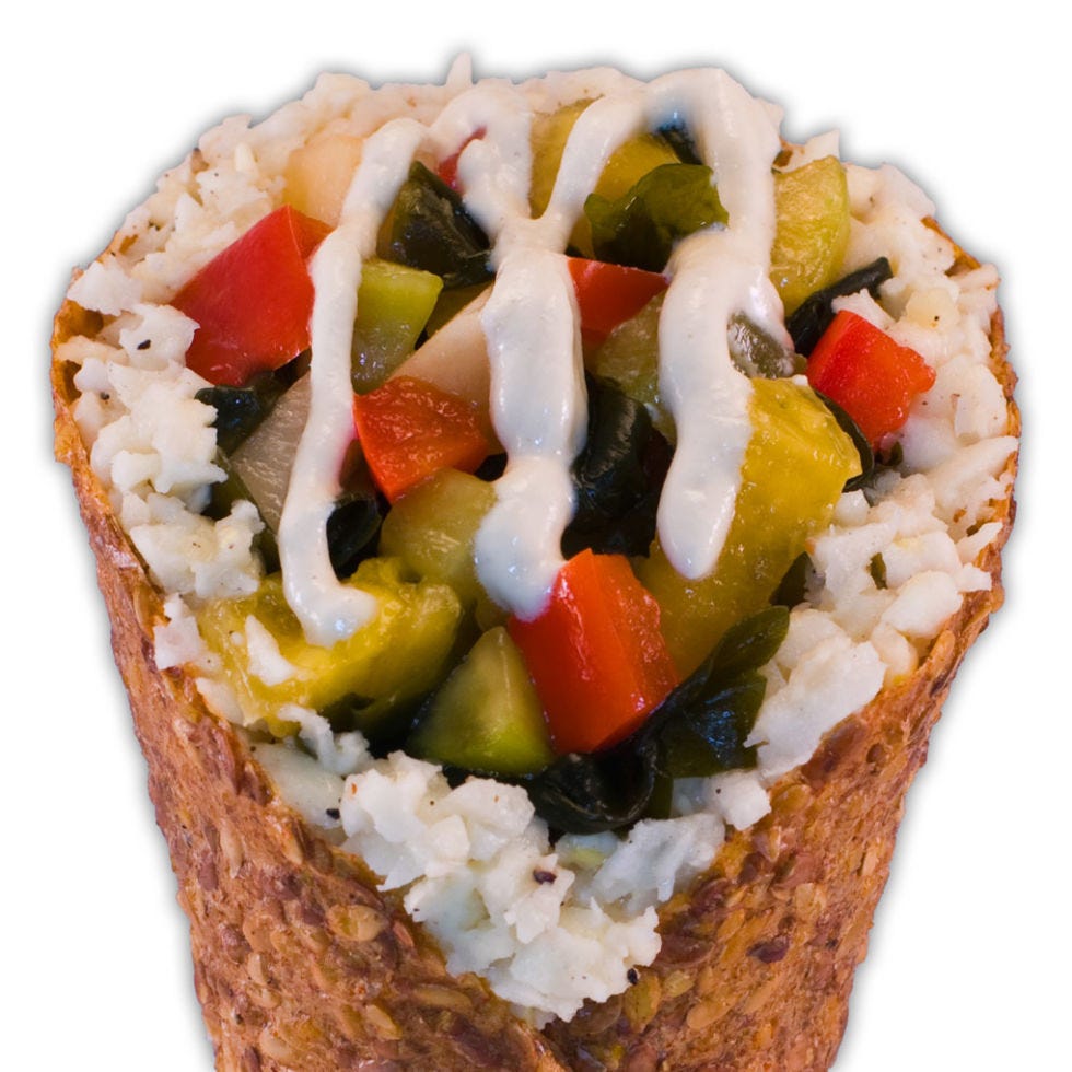 <p>Trying to stay low-carb but yearning for a sushi fix? The Wakame Sushi Cone from <a href="http://www.rawdaddyfoods.com/" target="_blank">RawDaddy Foods</a> aims to do just that by replacing the rice with jicama. All the other characteristic flavors of your sushi dinner are represented in the cone — wakame, sweet pickled ginger, and a wasabi cream sauce — without you having to fumble with chopsticks. </p>