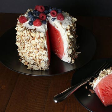 The thought of baking on a scorching Summer day is completely out of the question. Thankfully, there are ways to skirt around the oven issue, like with this no-bake watermelon cake. The catch is, there is no cake! A miniwatermelon, whipped cream, slivered almonds, and berries are all you need to create this Pinterest-worthy dessert for 12.