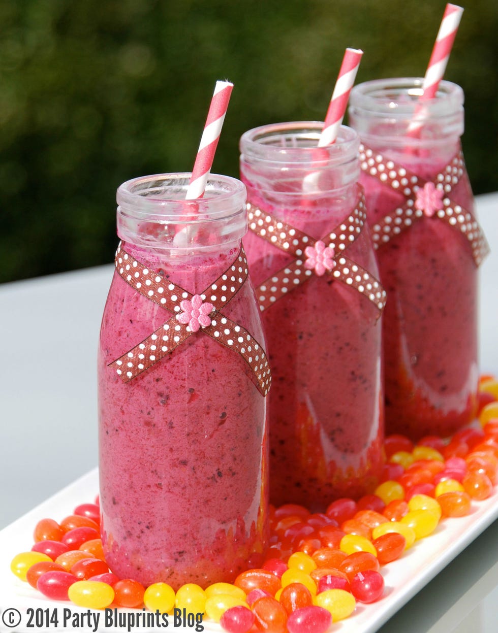 <p>Serve this healthy treat in vintage glass milk bottles embellished with ribbon and striped paper straws (stick in two per glass to mimic Easter bunny ears!) to make a statement on your brunch table.</p>
<p><a href="http://www.partybluprintsblog.com/the-menu/appetizer-recipe/berry-spring-smoothie/" target="_blank"><strong>Click for the recipe.</strong></a></p>