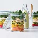 layered chicken salad with coriander yogurt dressing