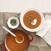 <p>This simple spiced carrot soup gets added crunch from toasted pumpkin seeds and a mellow flavor from a drizzle of creamy yogurt.</p>
<p><strong>Recipe:</strong> <a href="http://www.countryliving.com/recipefinder/moroccan-carrot-soup-recipe-clx1113" target="_blank">Moroccan Carrot Soup</a></p>