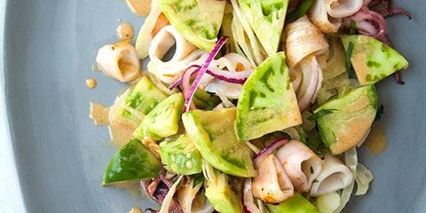 Grilled Squid and Green Tomato Salad with a Sesame-Lime Dressing