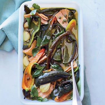 <p>This simple, intensely flavorful dish from F&W's Kay Chun combines luscious jarred tuna with peppers, garlic, capers and basil. Serve it with thick slices of crusty bread for soaking up the tasty seasoned olive oil.</p><p><strong>Recipe:</strong> <a href="http://gogonow.org/recipefinder/herb-marinated-peppers-tuna-recipe-fw0814%22%3E%3Cstrong%3EHerb-Marinated Peppers and Tuna</strong></a></p>