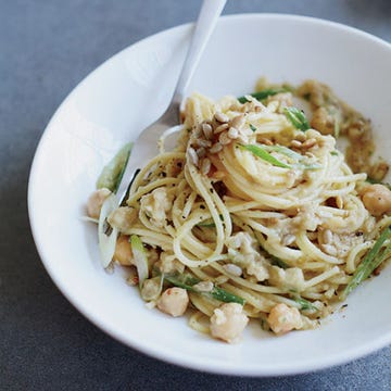 <p>Both chickpeas and prepared baba ghanoush, the smoky Middle Eastern eggplant spread, flavor this easy no-cook pasta sauce from F&W's Kay Chun. It's creamy, lemony, and delicious.</p>
<p><strong>Recipe:</strong> <a href="http://gogonow.org/recipefinder/spaghetti-smoky-eggplant-sauce-recipe-fw0914%22 target="_blank"><strong>Spaghetti with Smoky Eggplant Sauce</strong></a></p>