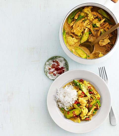 <p>Lighten up! Substitute 2 tablespoons canola oil for the butter, and opt for light coconut milk, to save 170 calories and 20 grams of fat per serving.</p>  <p><strong>Recipe:</strong> <a href="http://www.delish.com/recipefinder/chicken-okra-curry-recipe-clv0913" target="_blank">Chicken-and-Okra Curry</a></p>