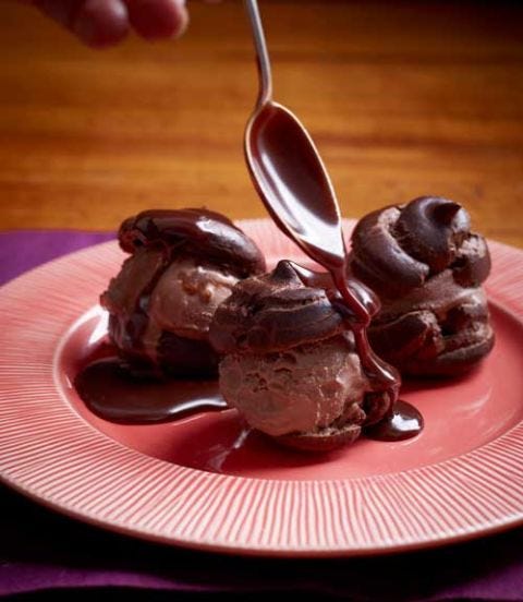 <p>To serve, sandwich small scoops of ice cream (chocolate, of course!) in between halfs of these light-as-air puffs. Top with warm chocolate sauce.</p> 
<p><strong>Recipe:</strong> <a href="http://www.goodhousekeeping.com/recipefinder/chocolate-profiteroles-recipe-ghk0212" target="_blank"><strong>Chocolate Profiteroles</strong></a></p>