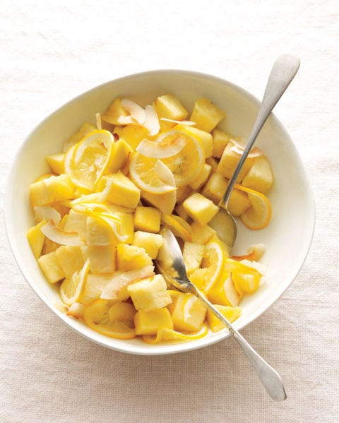 <p>The classic pairing of pineapple and coconut goes even more tropical with juicy mango. Meyer lemons, which have a sweet-tart flavor, are so delicate they can go in skin-on.</p>
<p><b>Recipe: <a
href="http://gogonow.org/recipefinder/pineapple-mango-meyer-lemon-salad-recipe%22%3E Pineapple, Mango, and Meyer Lemon Salad</a></b></p>