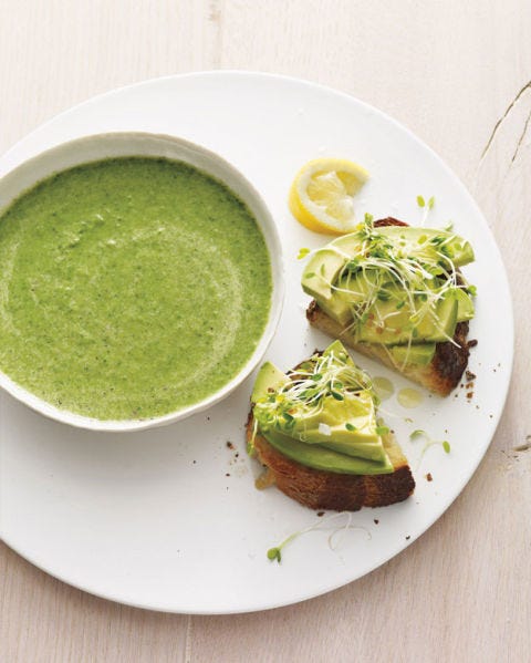 <p>No cream required: Tahini gives this soup its buttery flavor and silky texture -- and makes a serving of dark leafy greens unusually enticing. Sliced avocado dressed with lemon and sprouts jazzes up ordinary crusty bread and rounds out this balanced meal.</p>
<p><b>Recipe: <a 
href="http://gogonow.org/recipefinder/broccoli-spinach-soup-avocado-toasts-recipe%22%3E Broccoli-Spinach Soup with Avocado Toasts</a></b></p>