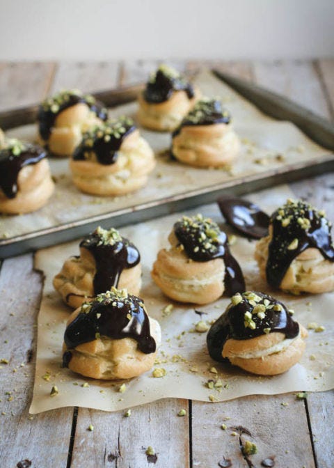 pistachio and chocolate profiteroles