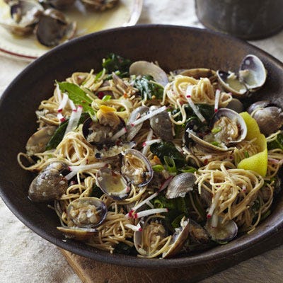 angel hair pasta with clams radishes spinach