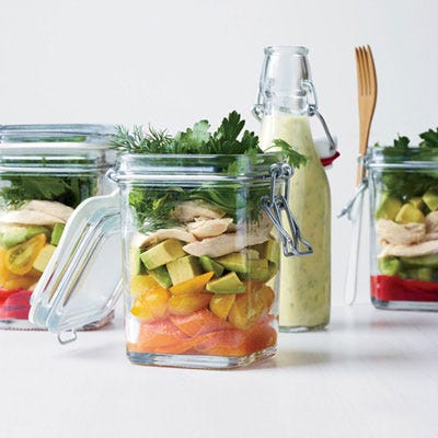 layered chicken salad with coriander yogurt dressing