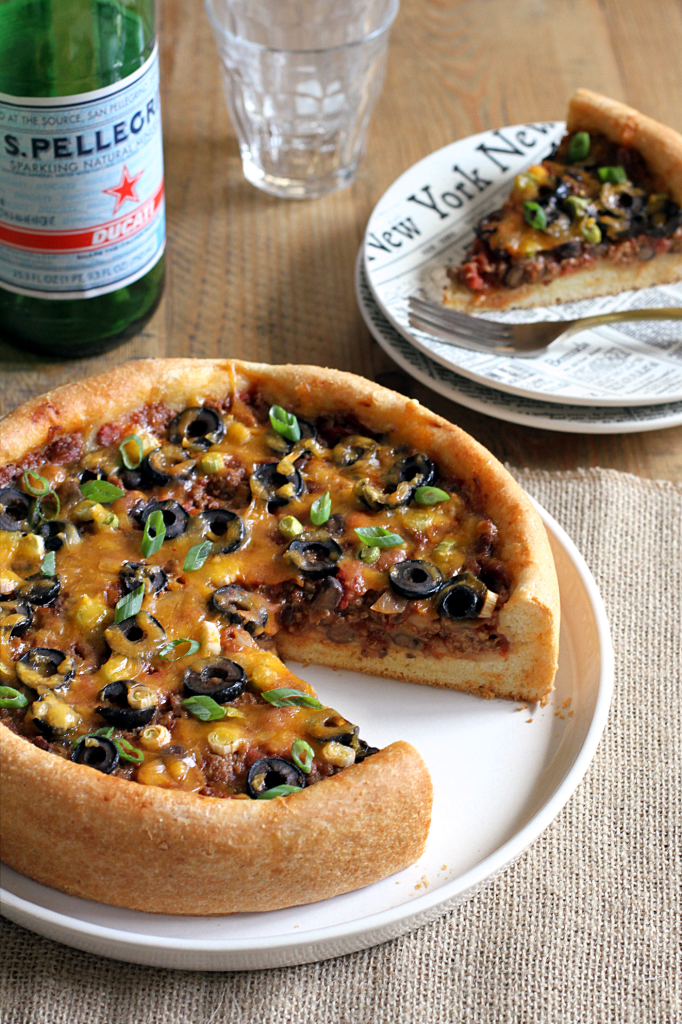 cheesy chili filled deep dish pizza