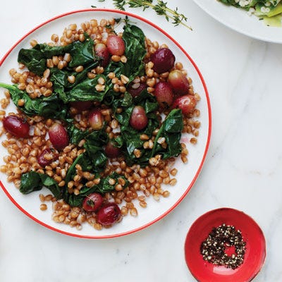wheat berries with thyme roasted grapes and spinach