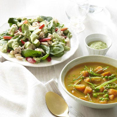 spinach salad with tuna and avocado and ginger spiced carrot soup with green onions