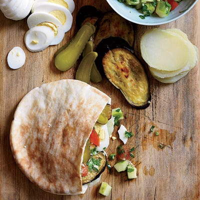 Israeli Roast Eggplant, Hummus, and Pickle Sandwiches