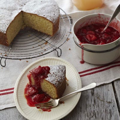 olive oil cake with strawberry rhubarb compote