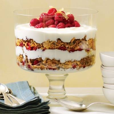 yogurt parfait with granola raspberries and candied ginger