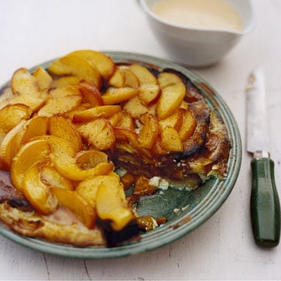Breakfast Bread Pudding with Peaches and Vanilla-Buttermilk Syrup