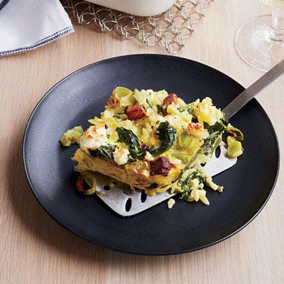 Custardy Baked Orzo with Spinach, Bacon, and Feta