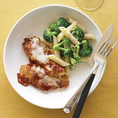 chicken tenders parmesan with penne and broccoli