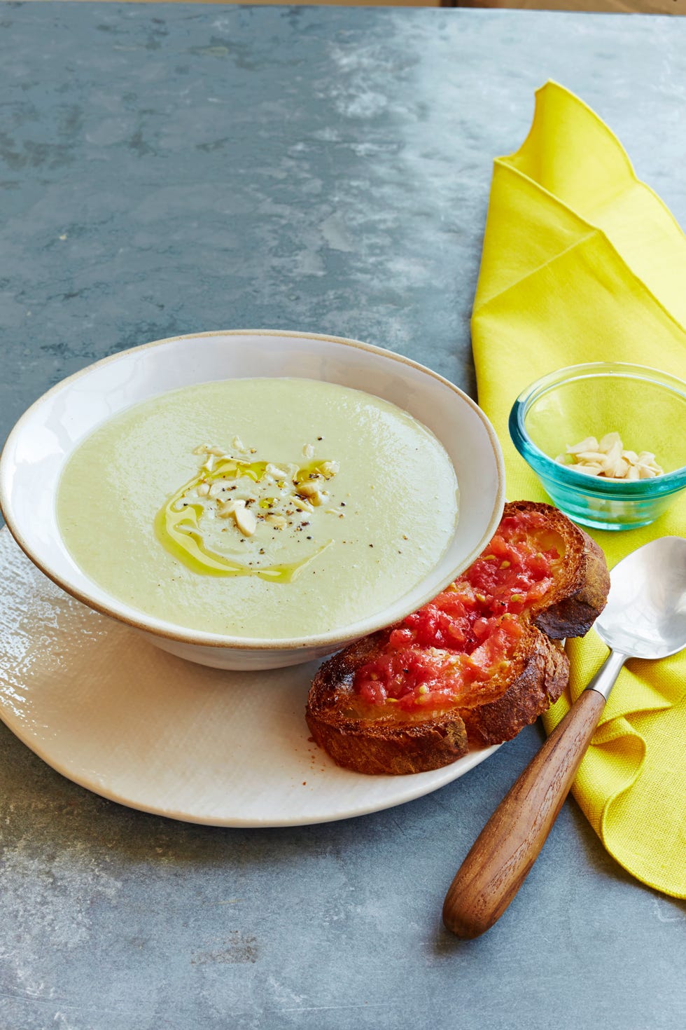 white gazpacho with tomato toasts