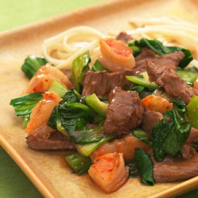 spicy beef with shrimp and bok choy