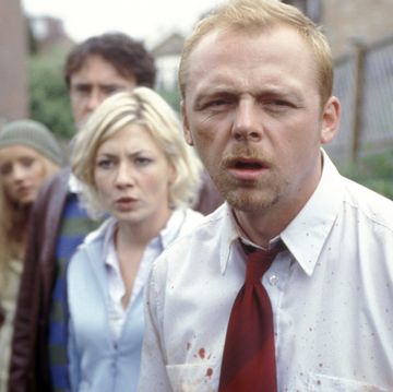 shaun of the dead still, with shaun leading the gang in a line outside, with everyone looking a bit confused