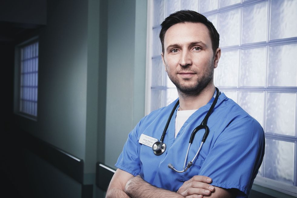 Shoulder, Joint, Wrist, Elbow, Facial hair, Stethoscope, Beard, Service, Muscle, Chest, 