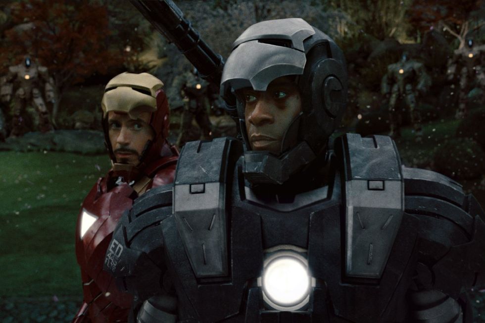 don cheadle and robert downey jr as war machine and iron man