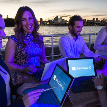 People gather for the launch of Microsoft's Windows 10