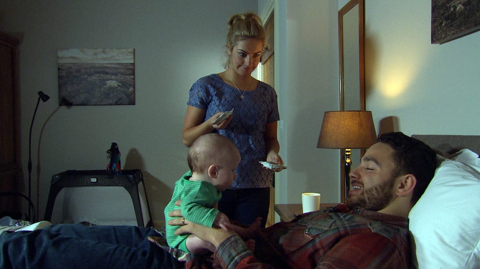 Victoria Sugden, Adam Barton and baby Johnny in Emmerdale