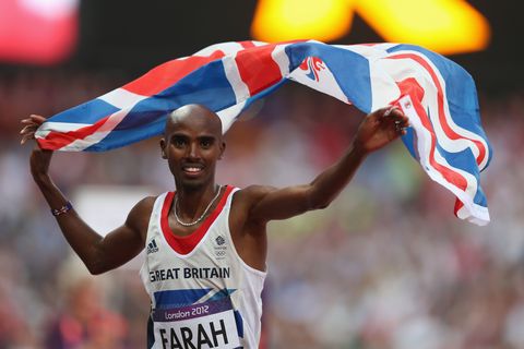mo farah celebrates victory at the london 2012 olympics