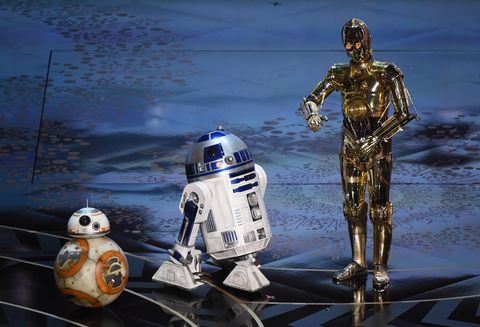 C-3PO, R2-D2, BB-8 Star Wars Oscars stage