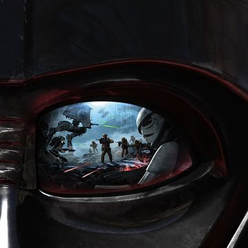 Star Wars Battlefront promo image from EA Dice video game, storm trooper reflected in Darth Vader's eye