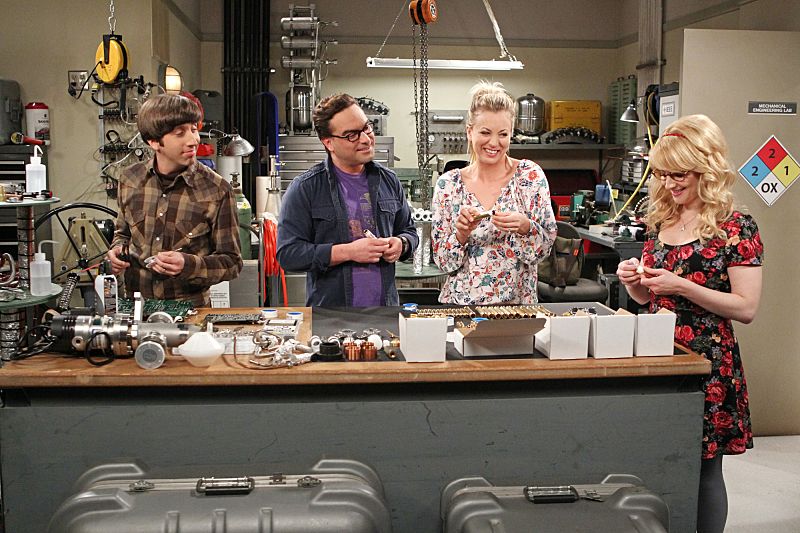 Simon Helberg, Johnny Galecki, Kaley Cuoco and Melissa Rauch in The Big Bang Theory S09E19: 'The Solder Excursion Diversion'