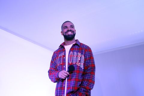Drake addresses media in a 'Hotline Bling' installation at the Air Canada Centre
