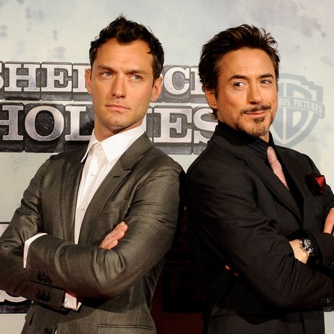 Actors Jude Law (L) and Robert Downey Jr (R) attend the 'Sherlock Holmes' premiere at Kinepolis cinema on January 13, 2010 in Madrid, Spain.