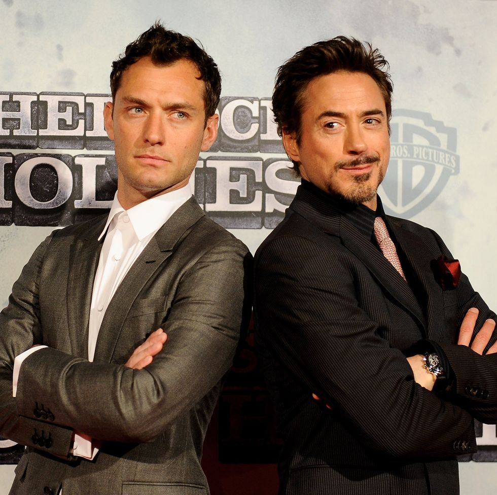 Actors Jude Law (L) and Robert Downey Jr (R) attend the 'Sherlock Holmes' premiere at Kinepolis cinema on January 13, 2010 in Madrid, Spain.