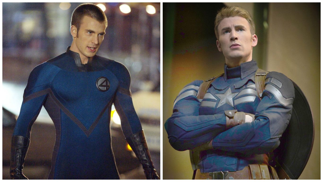 Chris Evans as Human Torch (left) and Captain America (right)