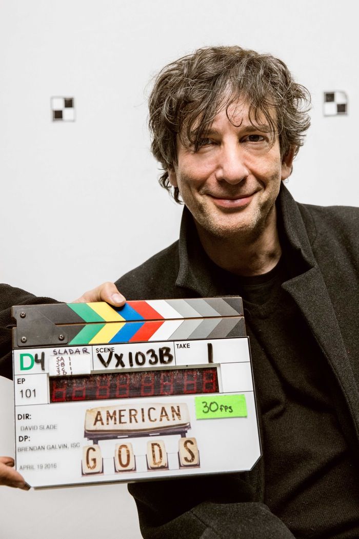 Neil Gaiman on set for the American Gods TV series