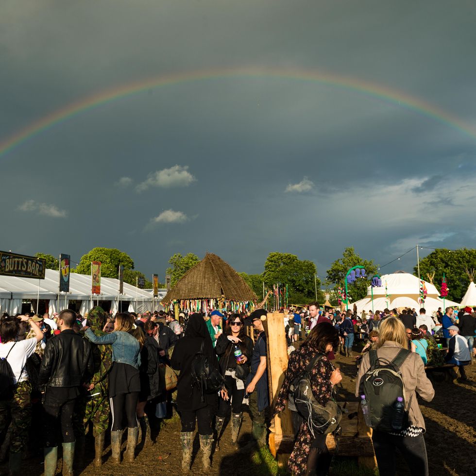A rainbow forms on day 2 of the Glastonbury Festival at Worthy Farm