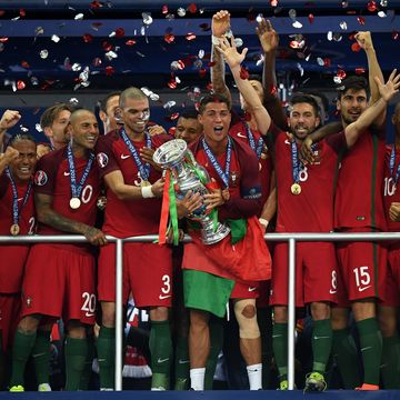 Cristiano Ronaldo of Portugal lifts the European Championship trophy