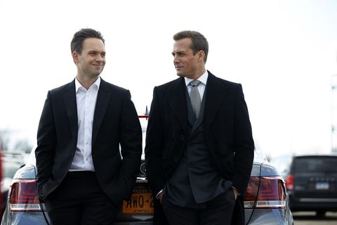 Patrick J Adams and Gabriel Macht in Suits s06e01, 'To Trouble'