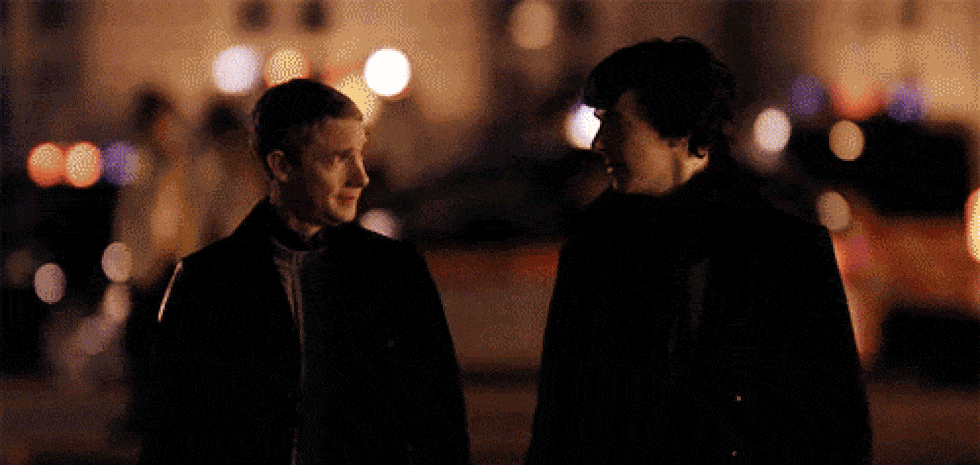 John and Sherlock strut in 'A Study in Pink' (2010)