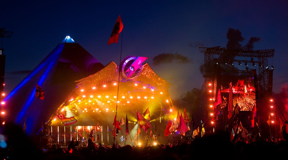 GLASTONBURY, ENGLAND - JUNE 24: A general view of the Pyramid Stage as Muse perform at Glastonbury Festival 2016 at Worthy Farm, Pilton on June 24, 2016 in Glastonbury, England.