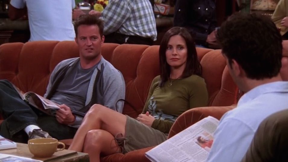 Matthew Perry as Chandler and Courteney Cox as Monica on Friends