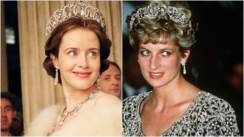 Claire Foy as Queen Elizabeth in The Crown and the real Princess Diana