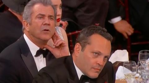 Mel Gibson, Vince Vaughn at the 2017 Golden Globe Awards during Meryl Streep's impassioned speech