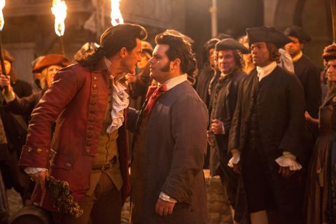 luke evans is gaston and josh gad is lefou, beauty and the beast