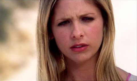 Sarah Michelle Gellar as Buffy the Vampire Slayer frowning in Restless